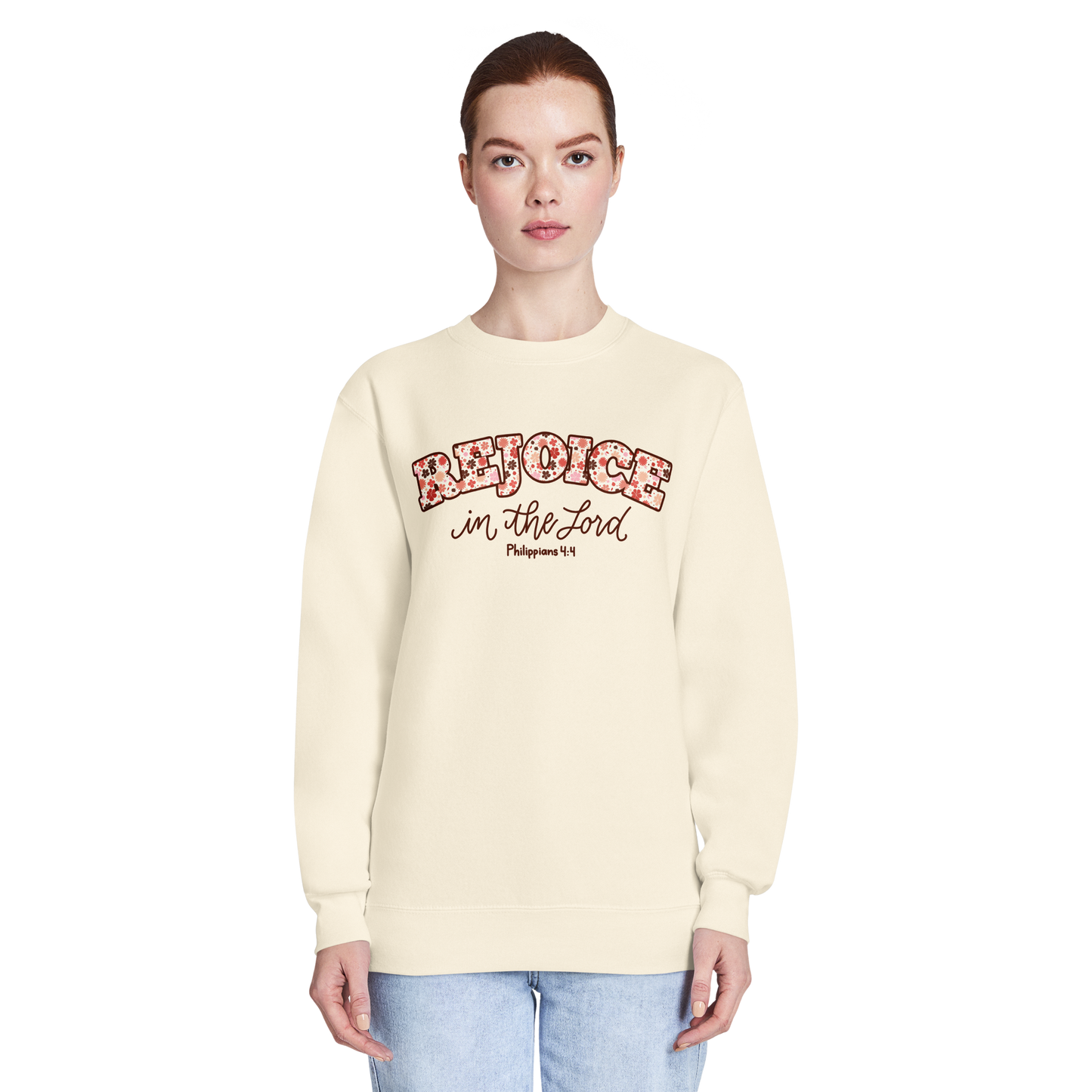 rejoice in the Lord sweatshirt, crewneck, women's sweatshirt, christian clothing brand, faith based fashion, cream sweatshirt, off white, floral design