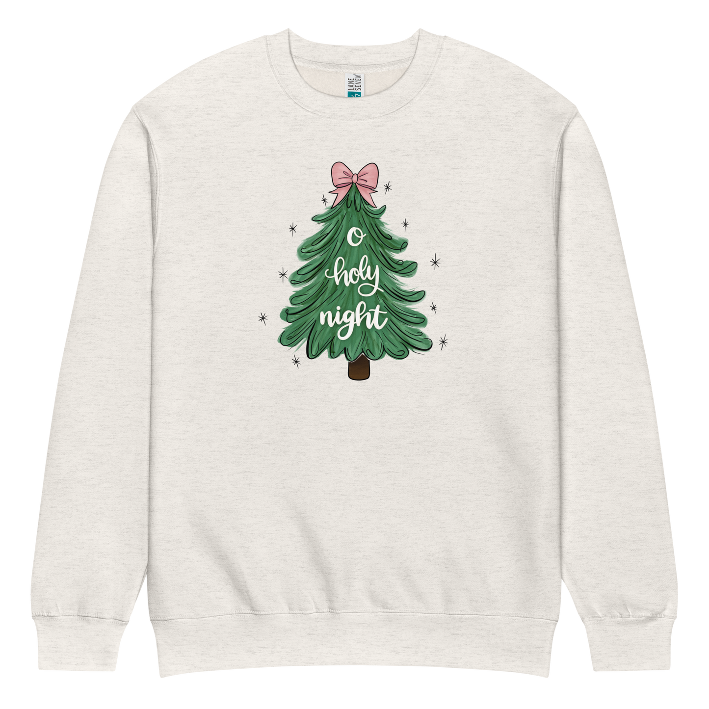 o holy night sweatshirt, sweatshirt, crewneck, women's sweatshirt, unisex crewneck,christian clothing brand, faith based fashion, beige sweatshirt, christmas tree, christmas, christmas clothing, pink bow, Lane Seven
