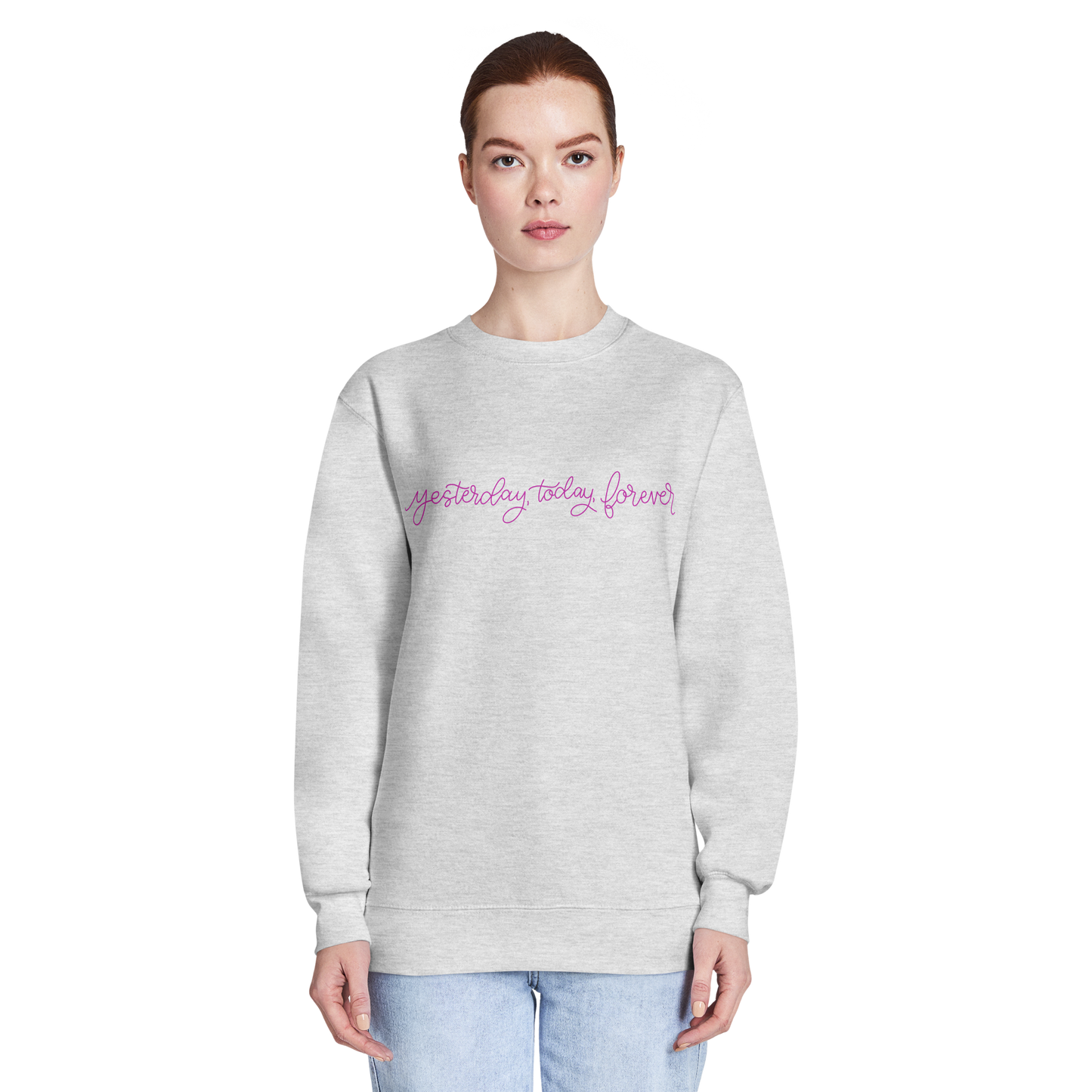 yesterday today forever sweatshirt, crewneck, women's sweatshirt, christian clothing brand, faith based fashion, gray sweatshirt, pink