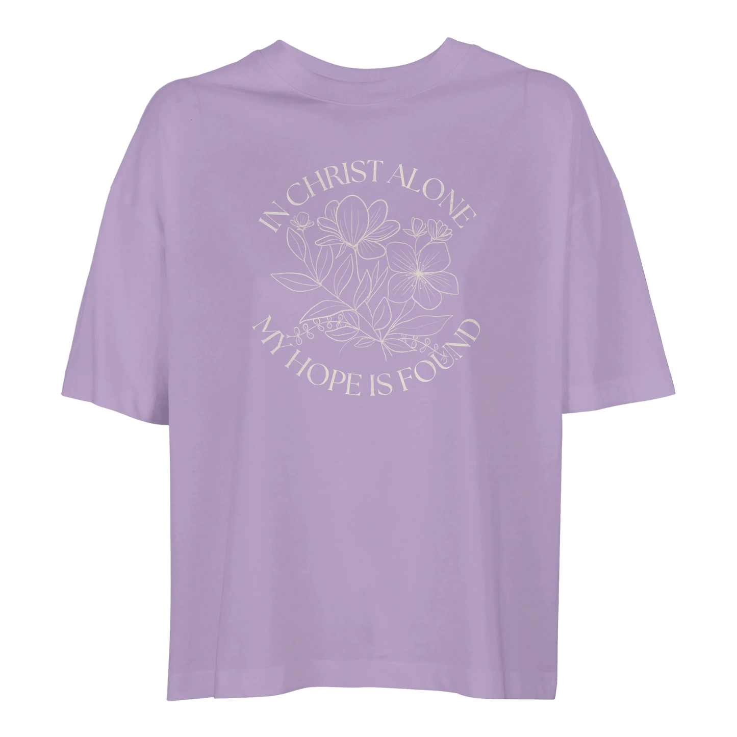 In Christ alone tee, tshirt, women's tshirt, christian clothing brand, faith based fashion, purple tee, floral