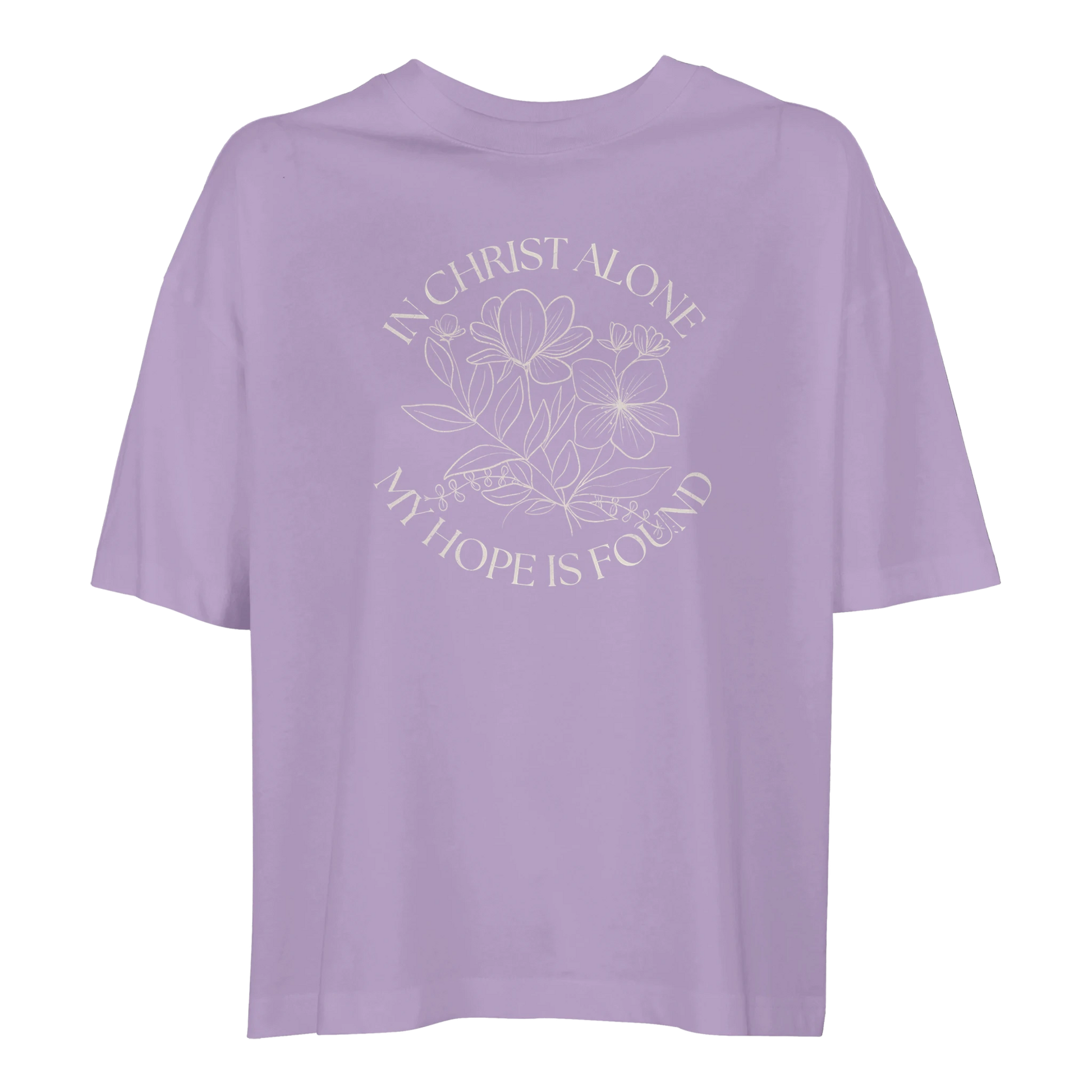 In Christ alone tee, tshirt, women's tshirt, christian clothing brand, faith based fashion, purple tee, floral