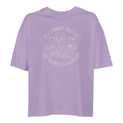 In Christ alone tee, tshirt, women's tshirt, christian clothing brand, faith based fashion, purple tee, floral