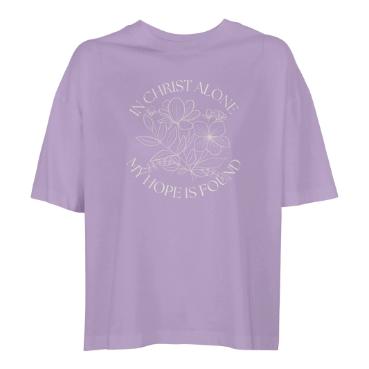 In Christ alone tee, tshirt, women's tshirt, christian clothing brand, faith based fashion, purple tee, floral