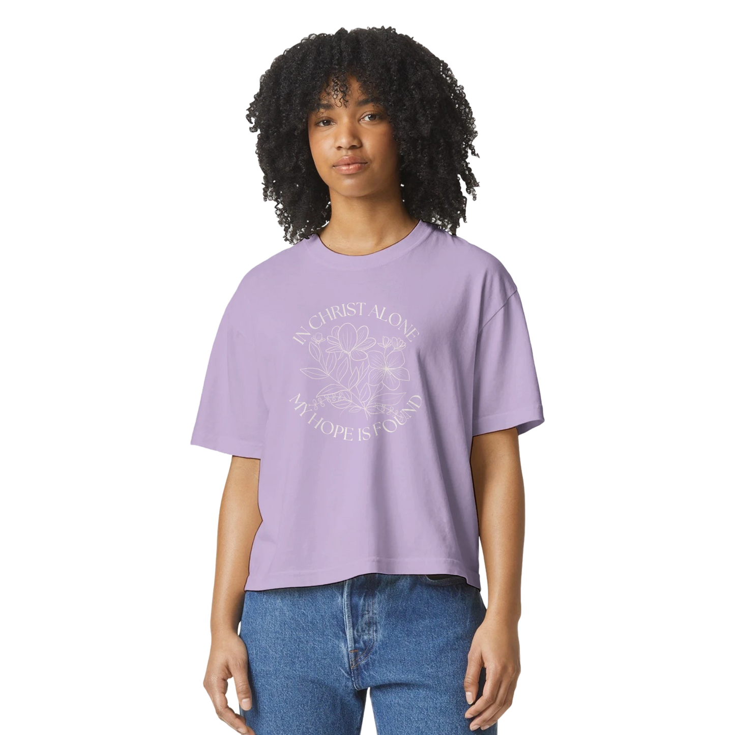In Christ alone tee, tshirt, women's tshirt, christian clothing brand, faith based fashion, purple tee, floral