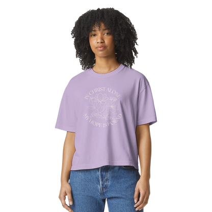 In Christ alone tee, tshirt, women's tshirt, christian clothing brand, faith based fashion, purple tee, floral