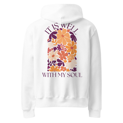 it is well with my soul hoodie, hoodie, women's hoodie, christian clothing brand, faith based fashion, white hoodie, white, floral design