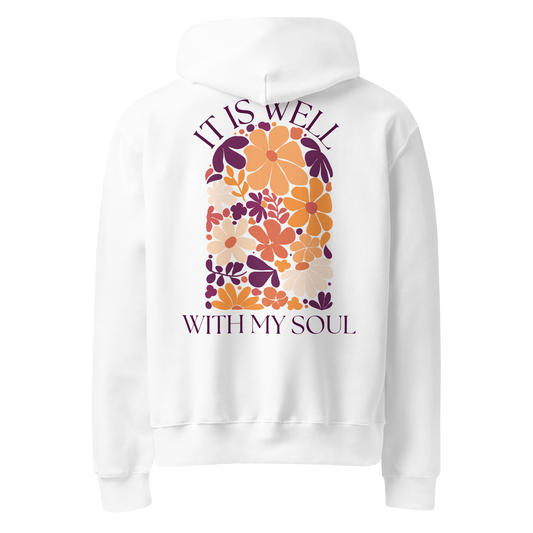 it is well with my soul hoodie, hoodie, women's hoodie, christian clothing brand, faith based fashion, white hoodie, white, floral design