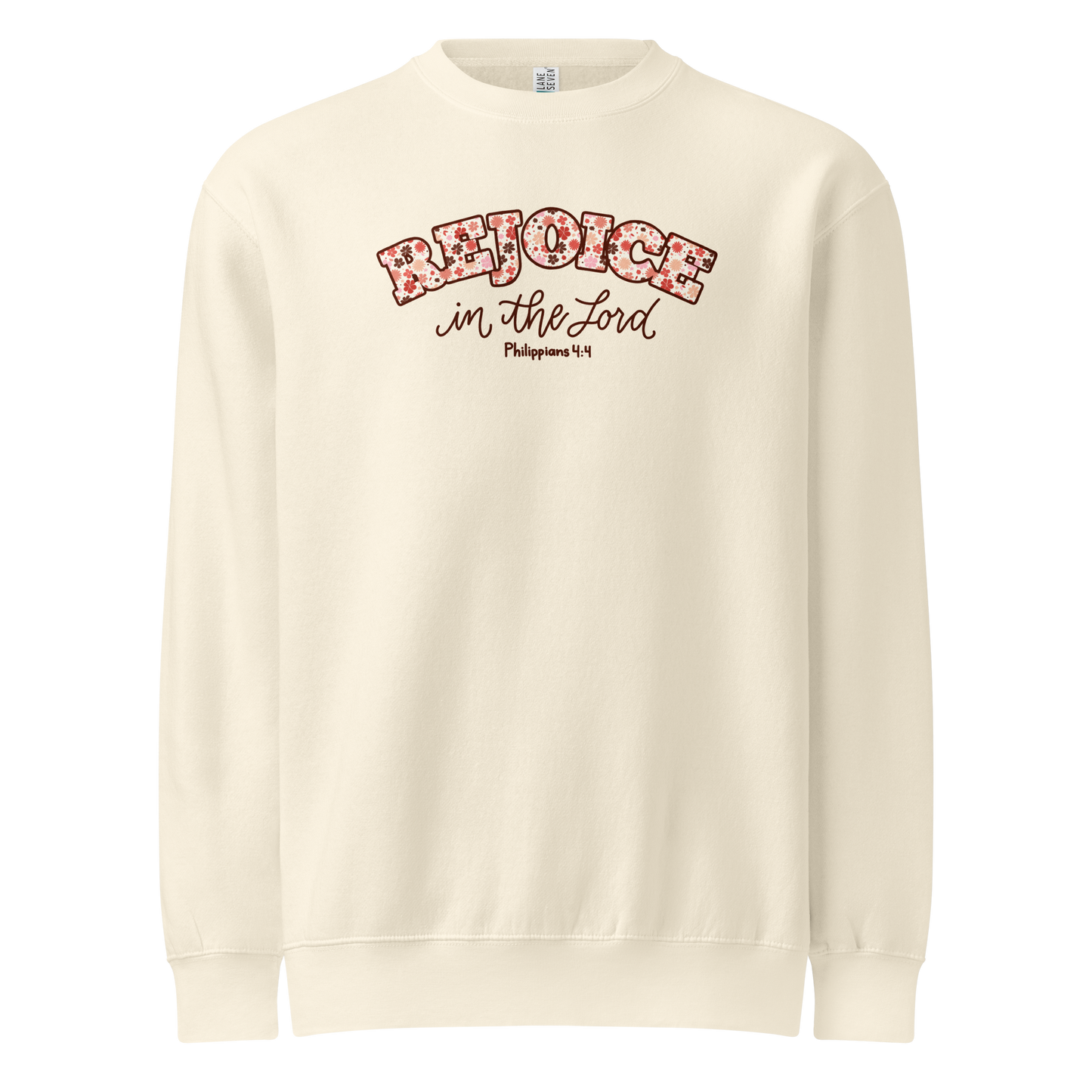rejoice in the Lord sweatshirt, crewneck, women's sweatshirt, christian clothing brand, faith based fashion, cream sweatshirt, off white, floral design
