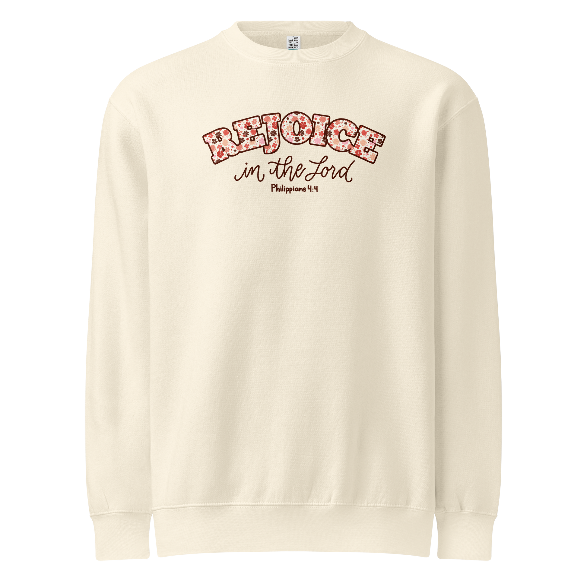 rejoice in the Lord sweatshirt, crewneck, women's sweatshirt, christian clothing brand, faith based fashion, cream sweatshirt, off white, floral design