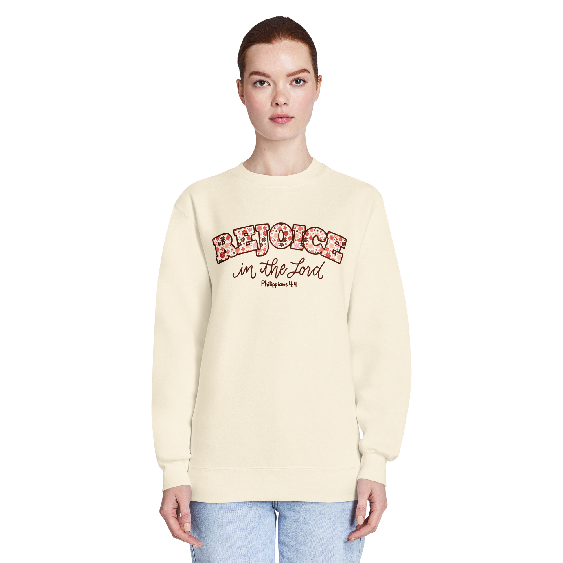 rejoice in the Lord sweatshirt, crewneck, women's sweatshirt, christian clothing brand, faith based fashion, cream sweatshirt, off white, floral design