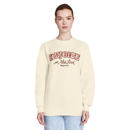rejoice in the Lord sweatshirt, crewneck, women's sweatshirt, christian clothing brand, faith based fashion, cream sweatshirt, off white, floral design