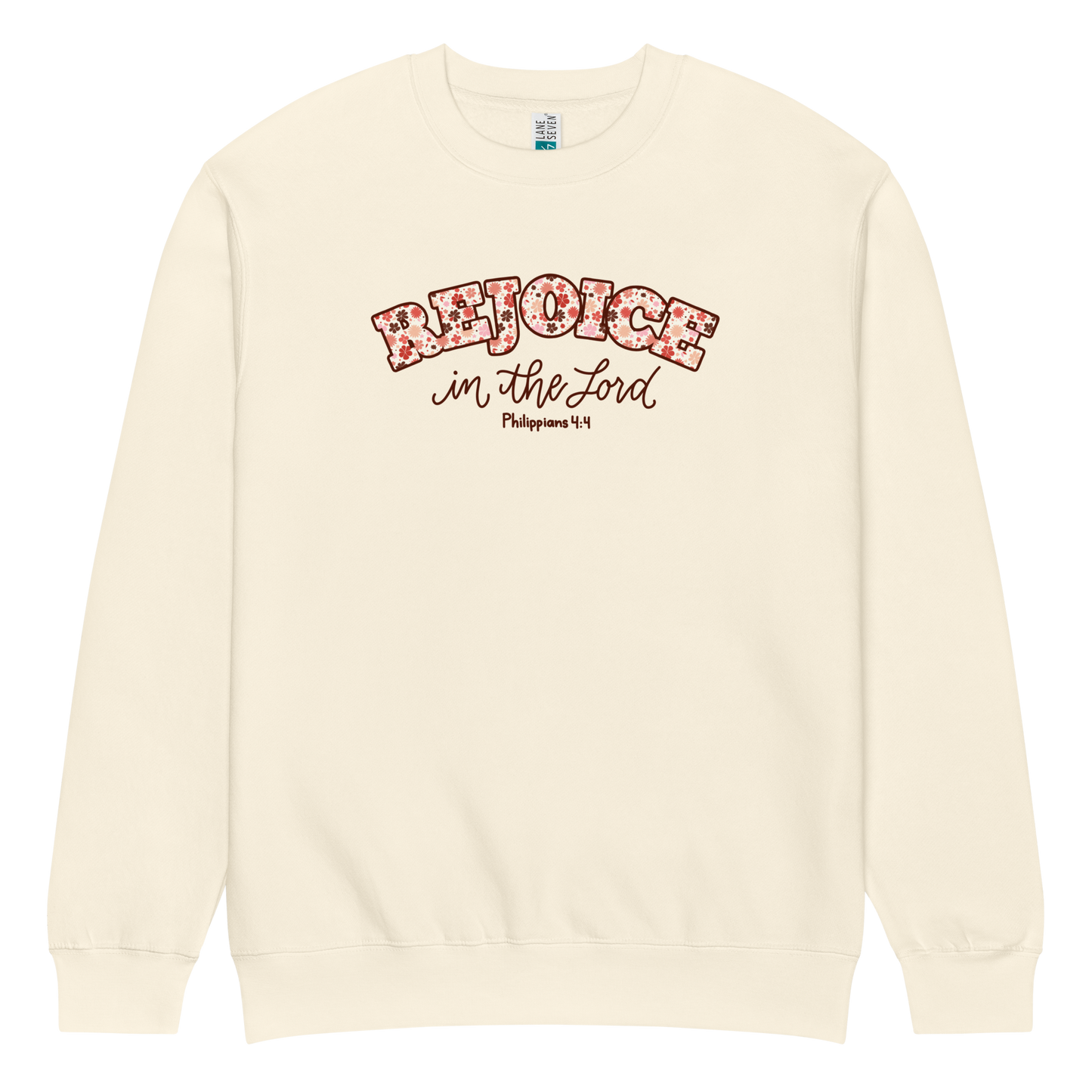 rejoice in the Lord sweatshirt, crewneck, women's sweatshirt, christian clothing brand, faith based fashion, cream sweatshirt, off white, floral design
