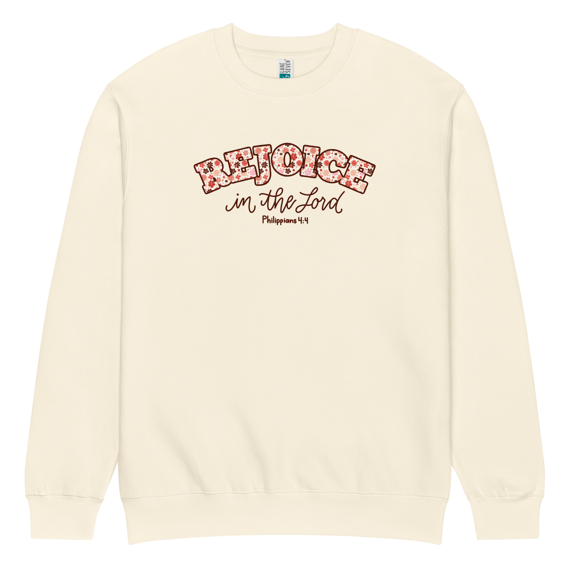 rejoice in the Lord sweatshirt, crewneck, women's sweatshirt, christian clothing brand, faith based fashion, cream sweatshirt, off white, floral design