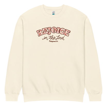 rejoice in the Lord sweatshirt, crewneck, women's sweatshirt, christian clothing brand, faith based fashion, cream sweatshirt, off white, floral design