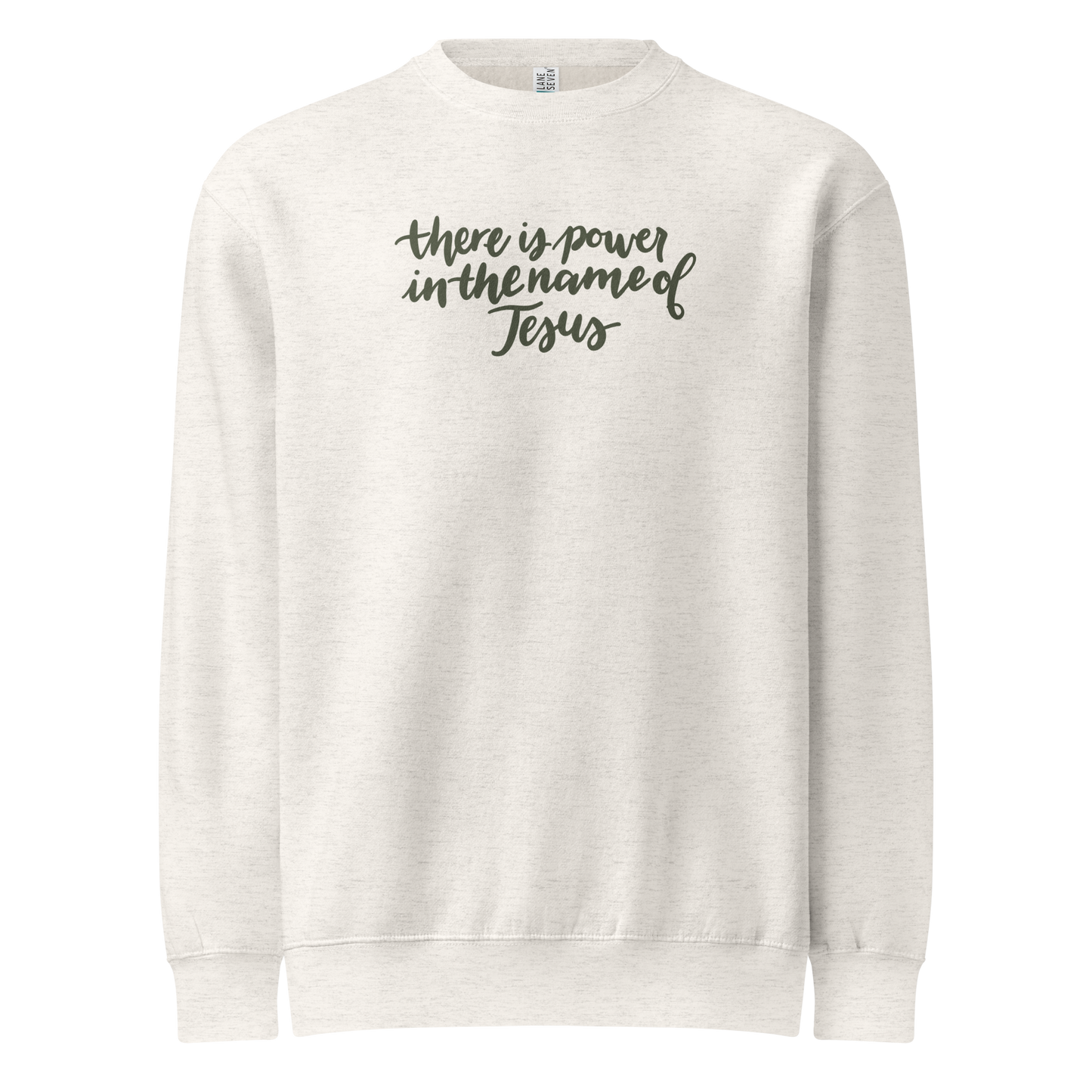 there is power in the name of Jesus sweatshirt, crewneck, women's sweatshirt, christian clothing brand, faith based fashion, cream sweatshirt, olive green