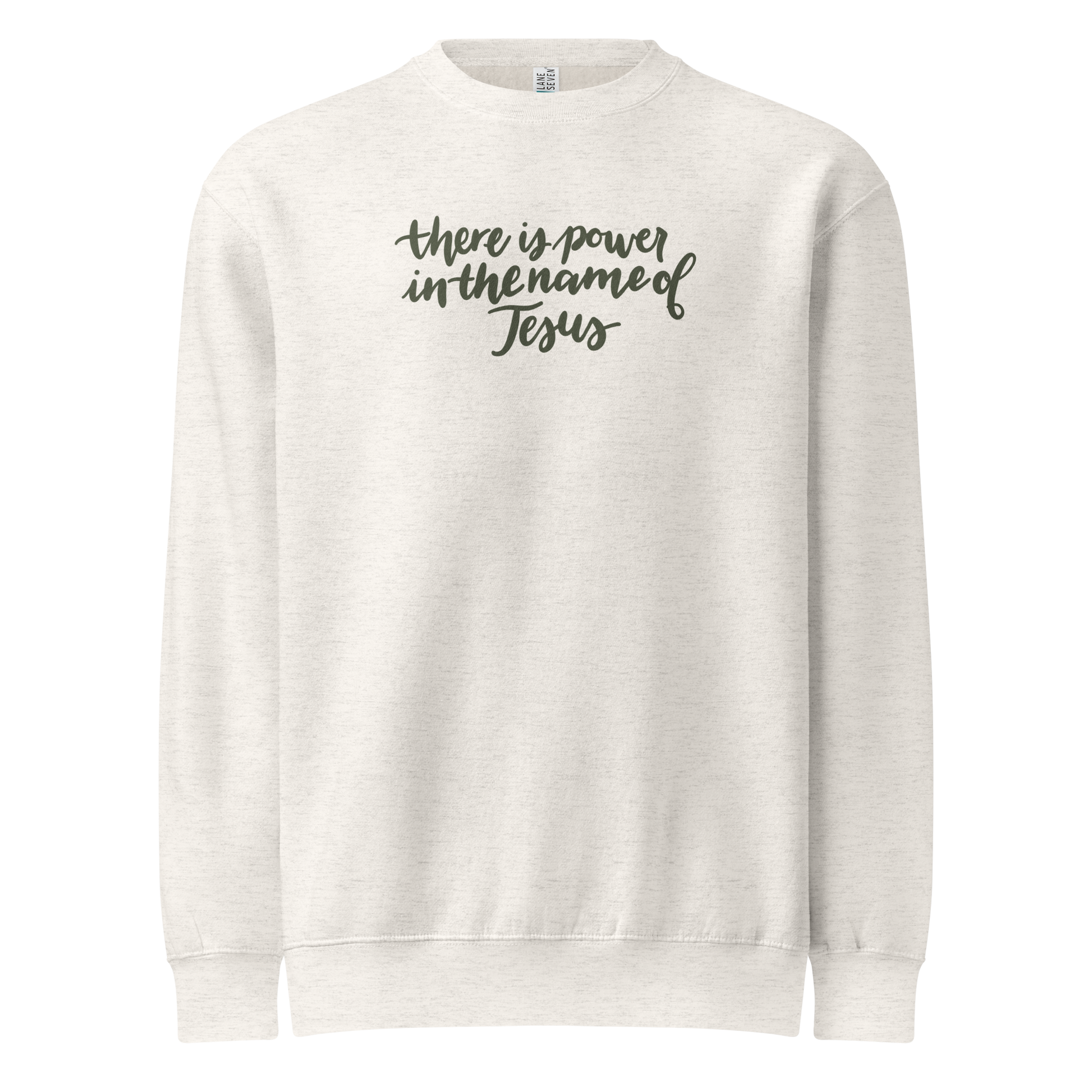 there is power in the name of Jesus sweatshirt, crewneck, women's sweatshirt, christian clothing brand, faith based fashion, cream sweatshirt, olive green