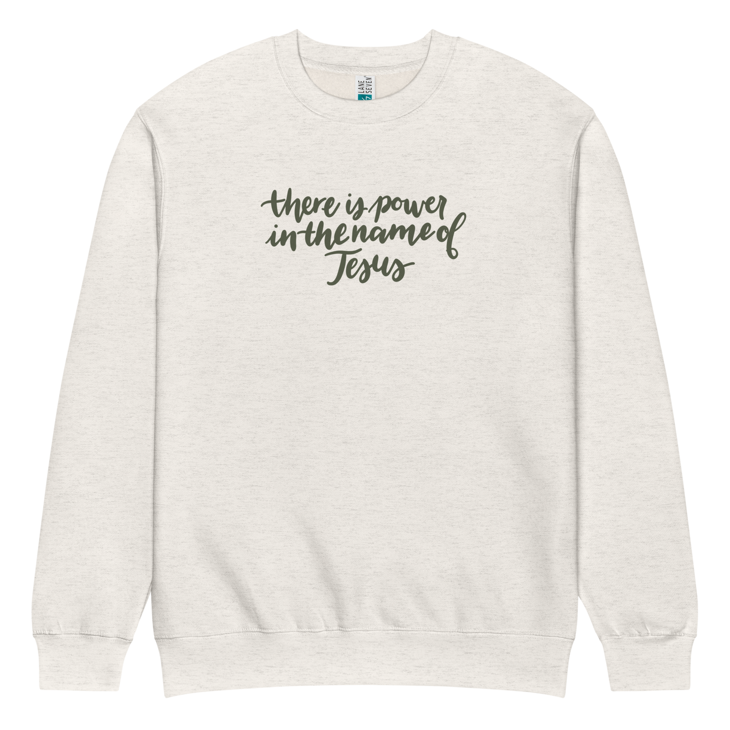 there is power in the name of Jesus sweatshirt, crewneck, women's sweatshirt, christian clothing brand, faith based fashion, cream sweatshirt, olive green
