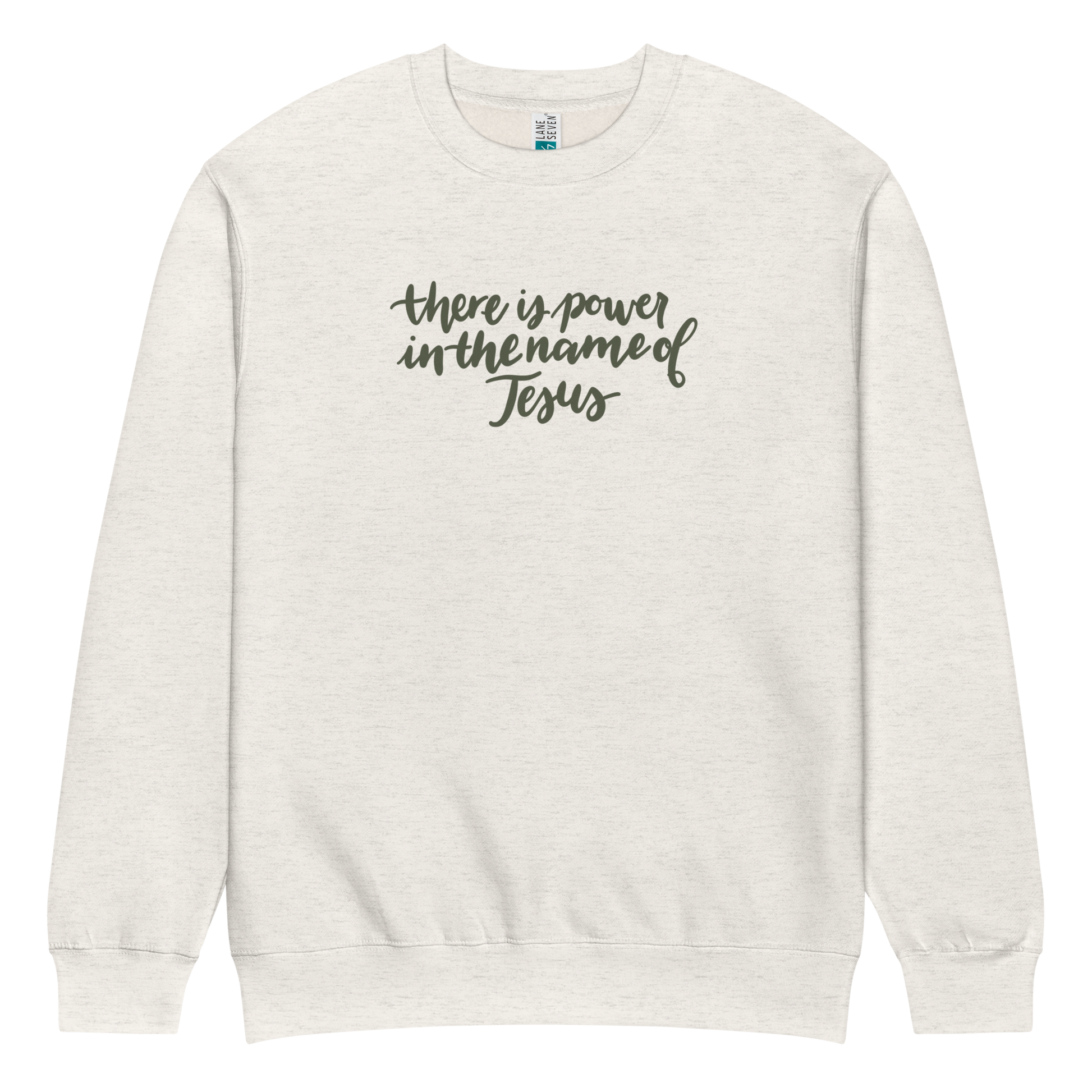 there is power in the name of Jesus sweatshirt, crewneck, women's sweatshirt, christian clothing brand, faith based fashion, cream sweatshirt, olive green