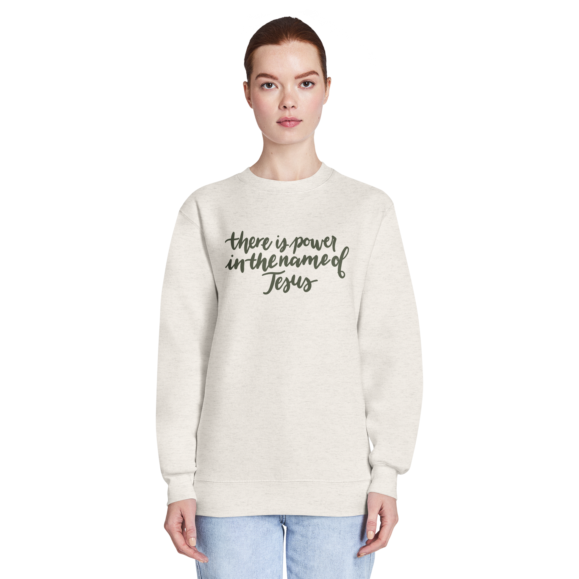 there is power in the name of Jesus sweatshirt, crewneck, women's sweatshirt, christian clothing brand, faith based fashion, cream sweatshirt, olive green