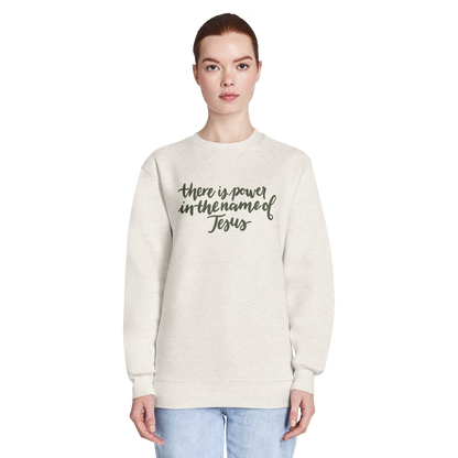 there is power in the name of Jesus sweatshirt, crewneck, women's sweatshirt, christian clothing brand, faith based fashion, cream sweatshirt, olive green