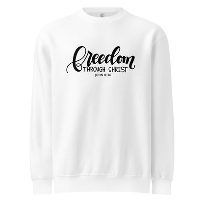 freedom through sweatshirt, freedom sweatshirt, crewneck, women's sweatshirt, christian clothing brand, faith based fashion, white sweatshirt, black