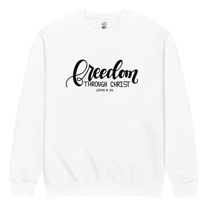 freedom through sweatshirt, freedom sweatshirt, crewneck, women's sweatshirt, christian clothing brand, faith based fashion, white sweatshirt, black