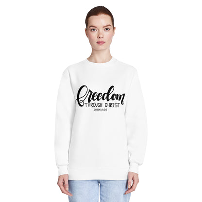 freedom through sweatshirt, freedom sweatshirt, crewneck, women's sweatshirt, christian clothing brand, faith based fashion, white sweatshirt, black