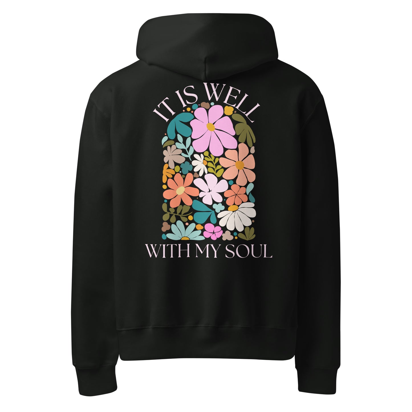 It Is Well hoodie, hoodie, heavyweight hoodie, women's hoodie, unisex hoodie,christian clothing brand, faith based fashion, black hoodie, floral design, bella + canvas