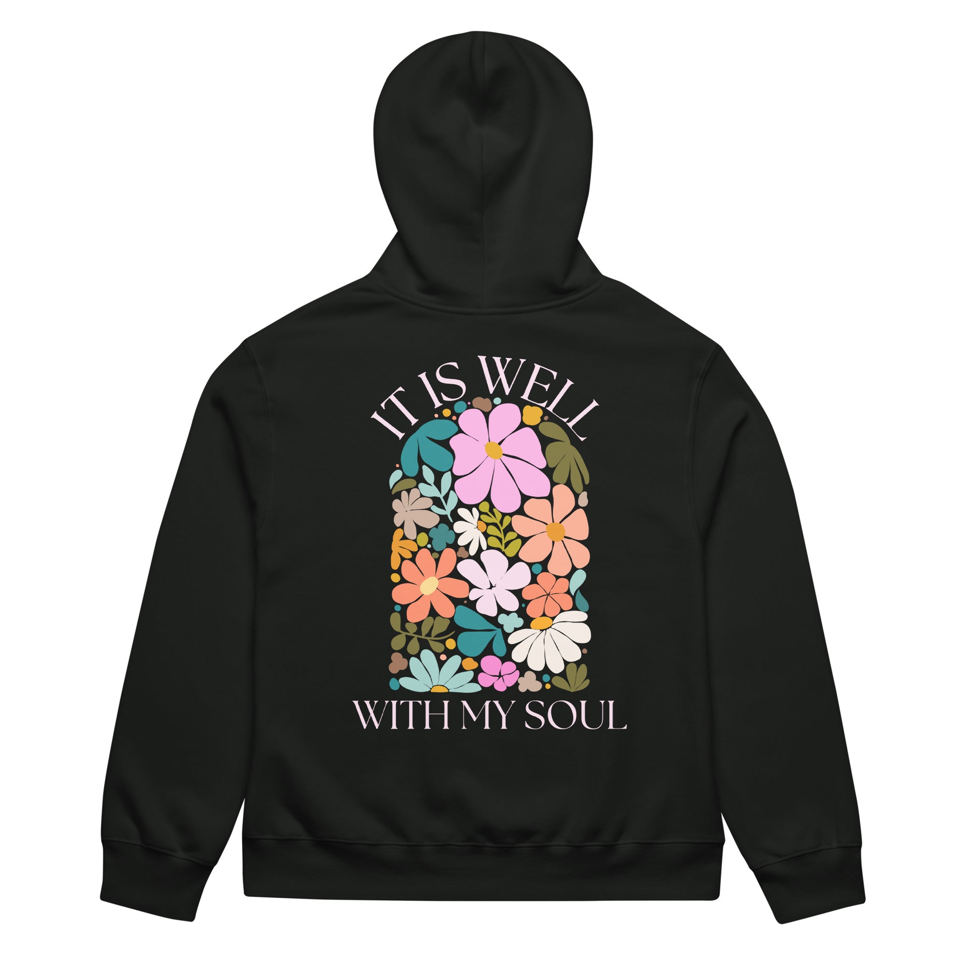 It Is Well hoodie, hoodie, women's hoodie, christian clothing brand, faith based fashion, black hoodie, floral design, bella + canvas