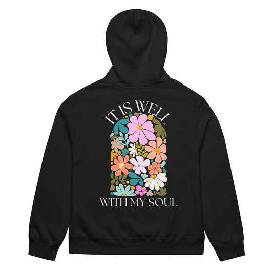 It Is Well hoodie, hoodie, women's hoodie, christian clothing brand, faith based fashion, black hoodie, floral design, bella + canvas