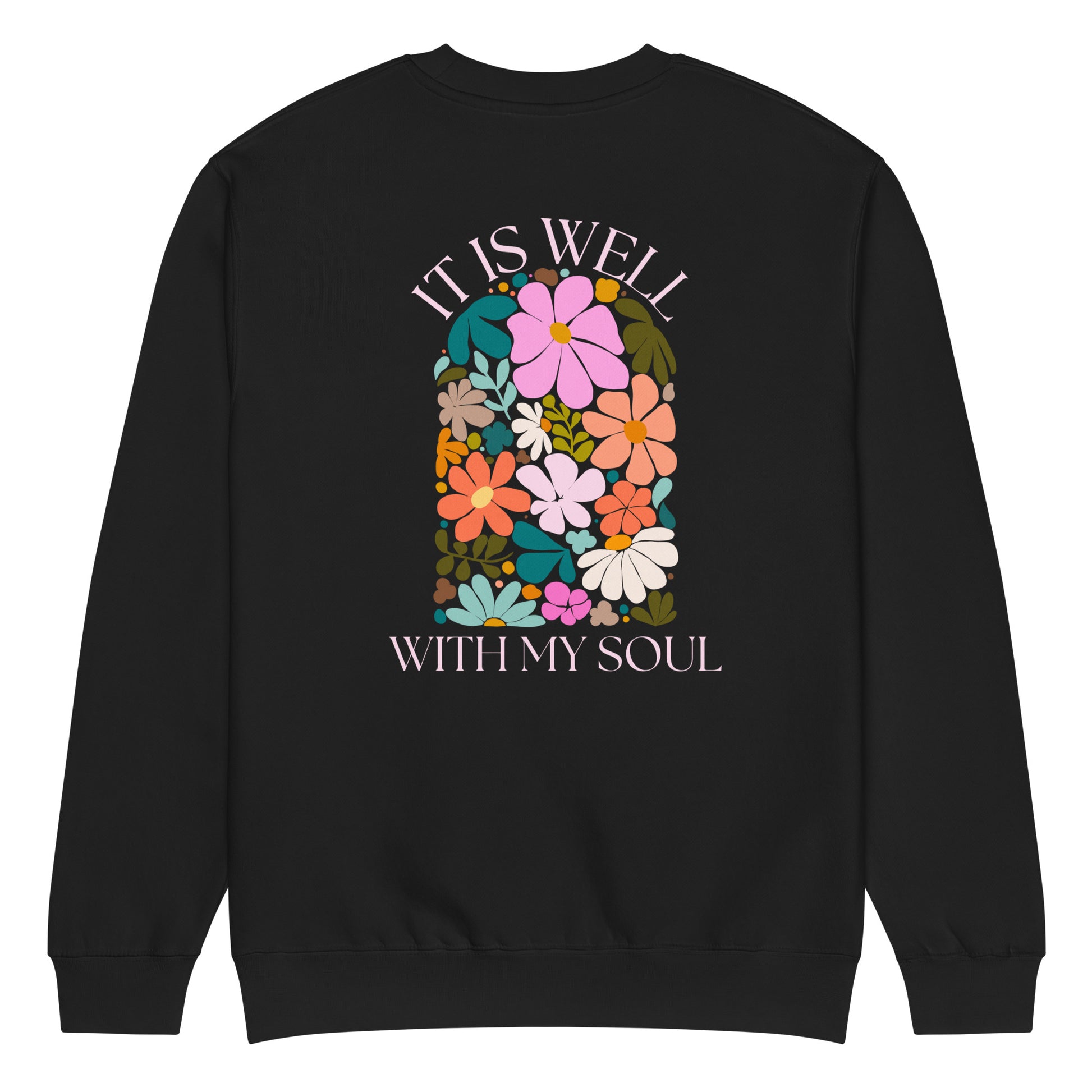 It Is Well sweatshirt, crewneck, women's sweatshirt, christian clothing brand, faith based fashion, black sweatshirt, floral design