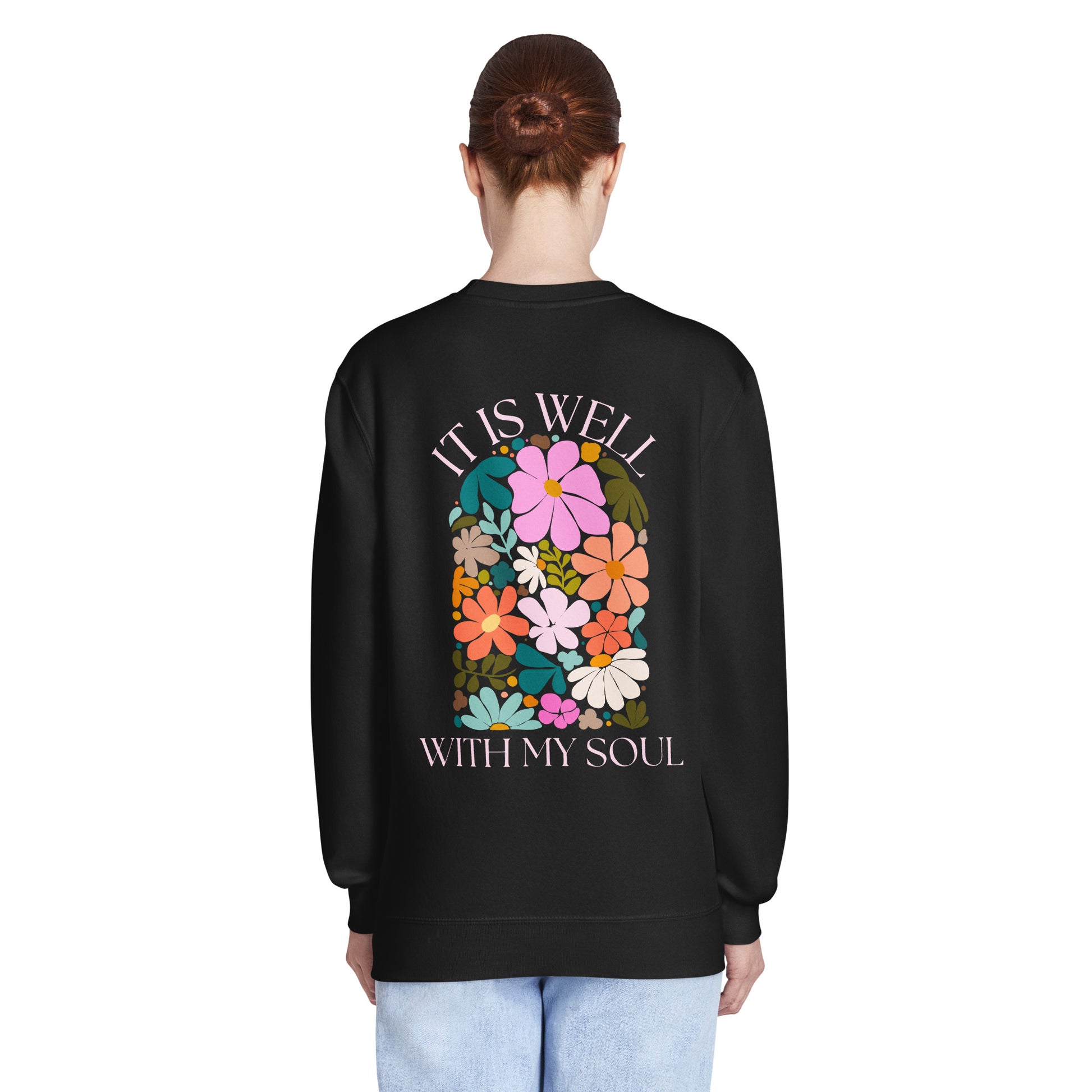 It Is Well sweatshirt, crewneck, women's sweatshirt, christian clothing brand, faith based fashion, black sweatshirt, floral design