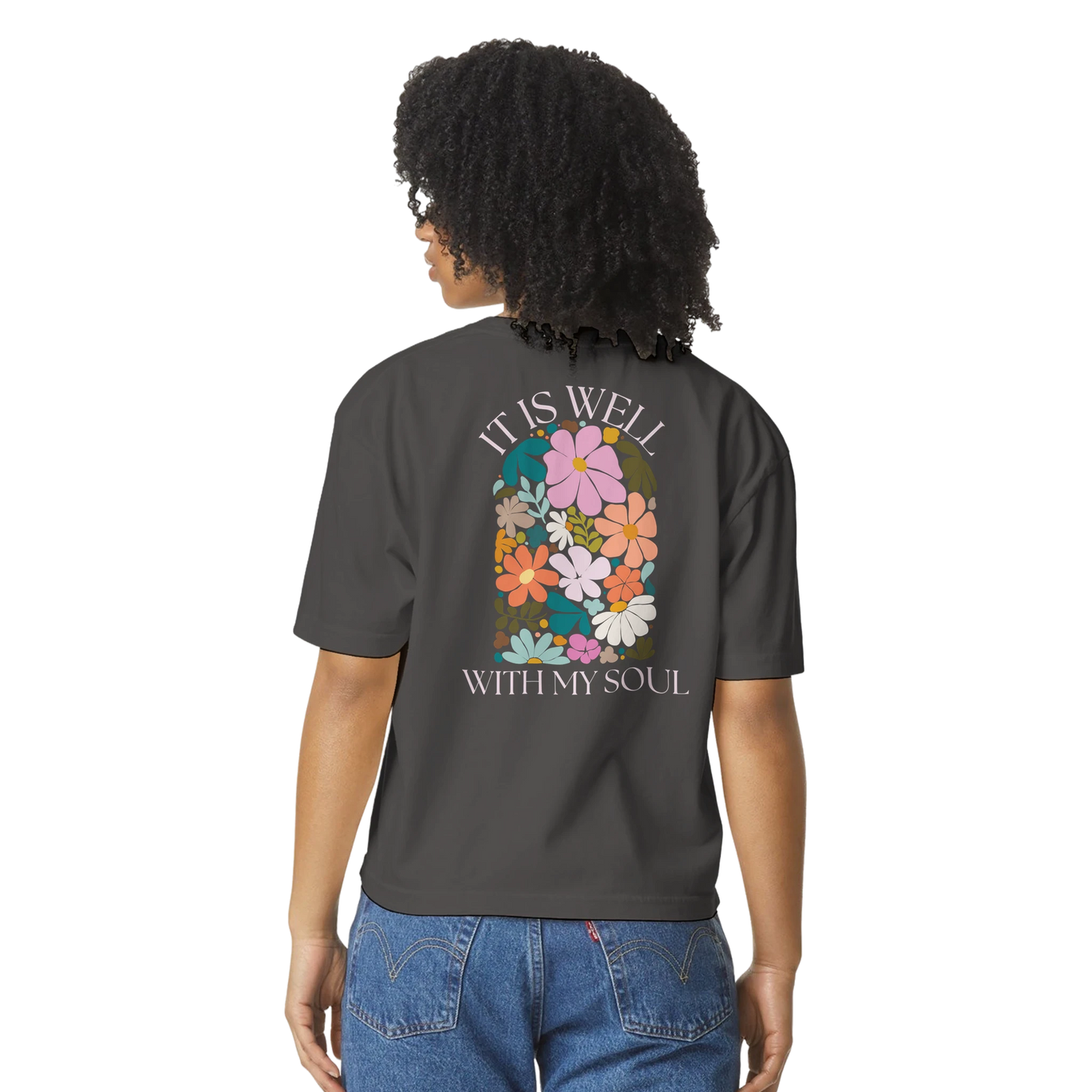 It Is Well tshirt, tshirt, women's tshirt, christian clothing brand, faith based fashion, black tshirt, floral design, comfort colors