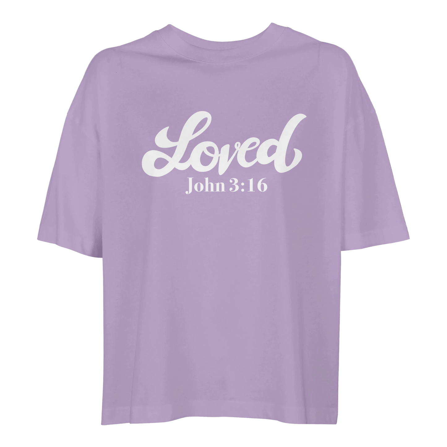 Purple t-shirt with 'Loved John 3:16,' loved tee, tshirt, women's tshirt, christian clothing brand, faith based fashion, purple tee, basic tshirt

