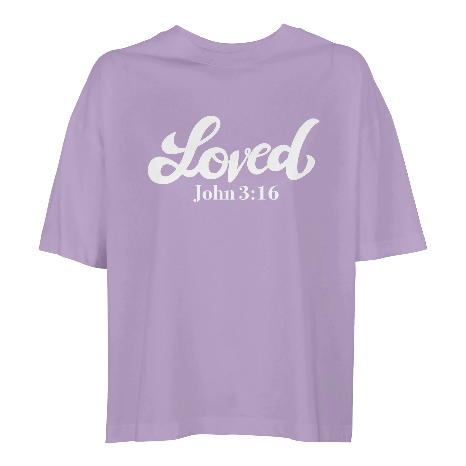 Purple t-shirt with 'Loved John 3:16,' loved tee, tshirt, women's tshirt, christian clothing brand, faith based fashion, purple tee, basic tshirt
