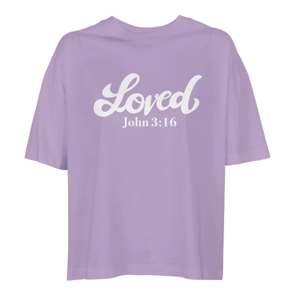 Purple t-shirt with 'Loved John 3:16,' loved tee, tshirt, women's tshirt, christian clothing brand, faith based fashion, purple tee, basic tshirt
