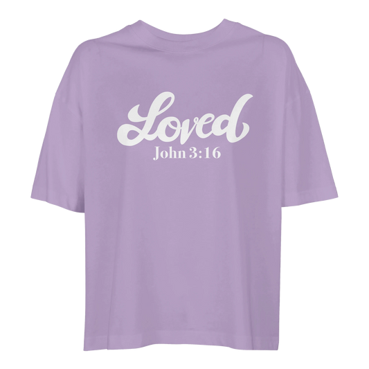 Purple t-shirt with 'Loved John 3:16,' loved tee, tshirt, women's tshirt, christian clothing brand, faith based fashion, purple tee, basic tshirt
