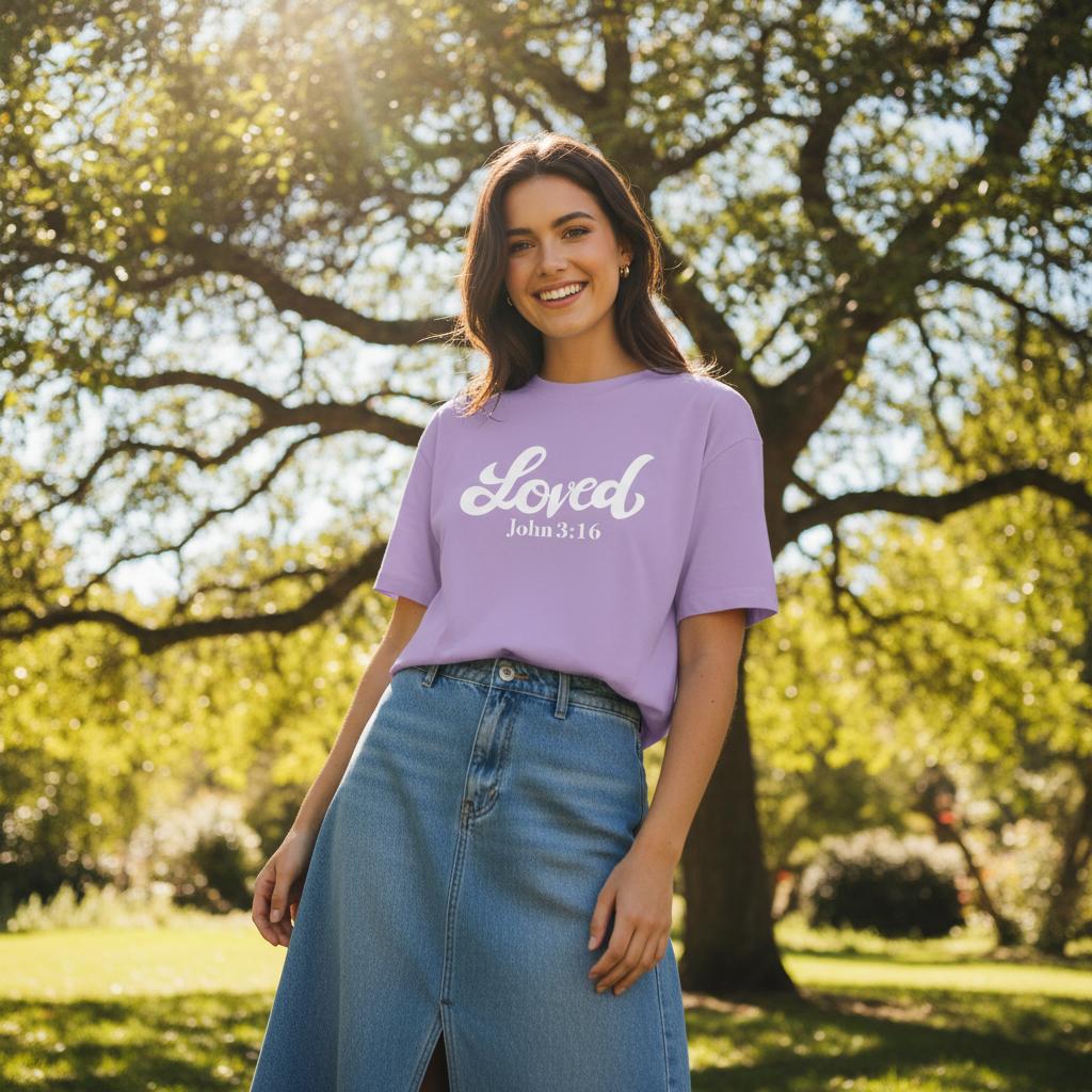 Purple t-shirt with 'Loved John 3:16,' loved tee, tshirt, women's tshirt, christian clothing brand, faith based fashion, purple tee, basic tshirt
