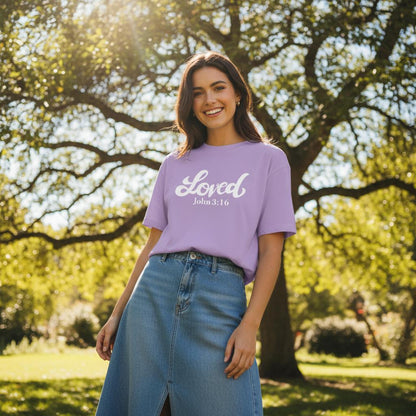 Purple t-shirt with 'Loved John 3:16,' loved tee, tshirt, women's tshirt, christian clothing brand, faith based fashion, purple tee, basic tshirt
