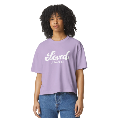 Purple t-shirt with 'Loved John 3:16,' loved tee, tshirt, women's tshirt, christian clothing brand, faith based fashion, purple tee, basic tshirt
