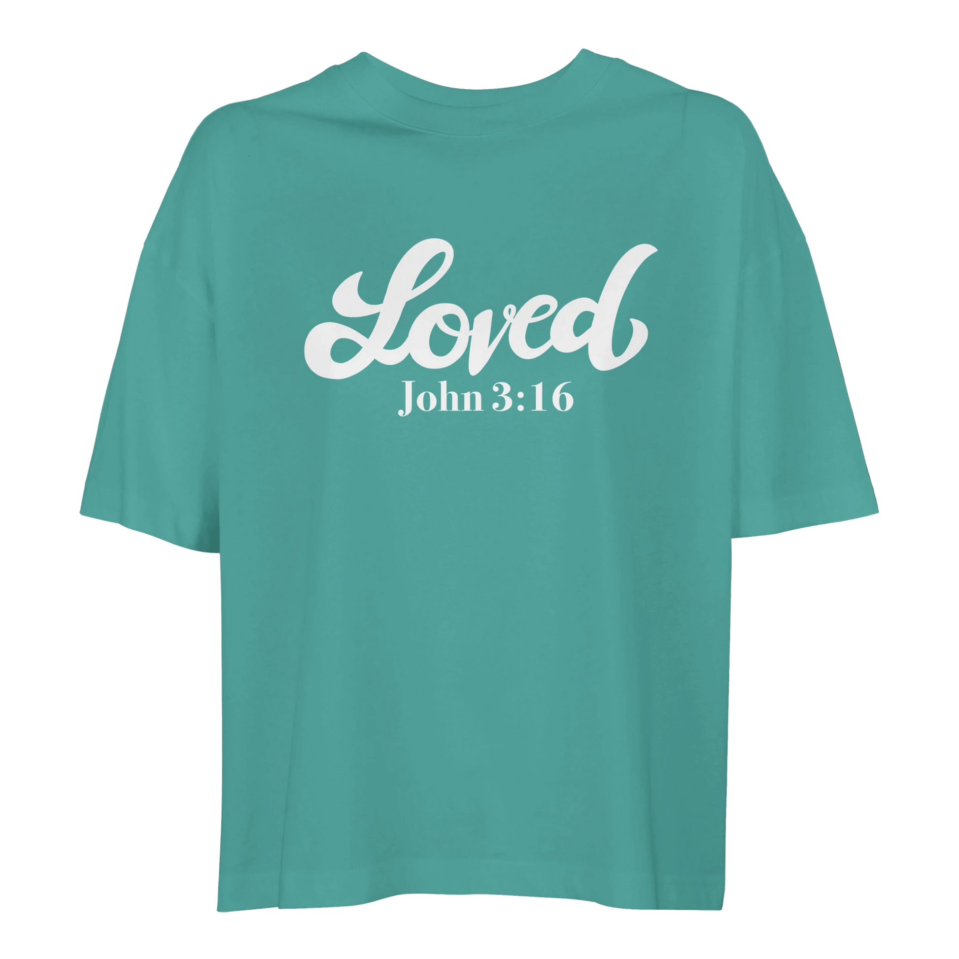 teal t-shirt with 'Loved John 3:16,' loved tee, tshirt, women's tshirt, christian clothing brand, faith based fashion, teal tee, basic tshirt

