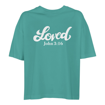 teal t-shirt with 'Loved John 3:16,' loved tee, tshirt, women's tshirt, christian clothing brand, faith based fashion, teal tee, basic tshirt
