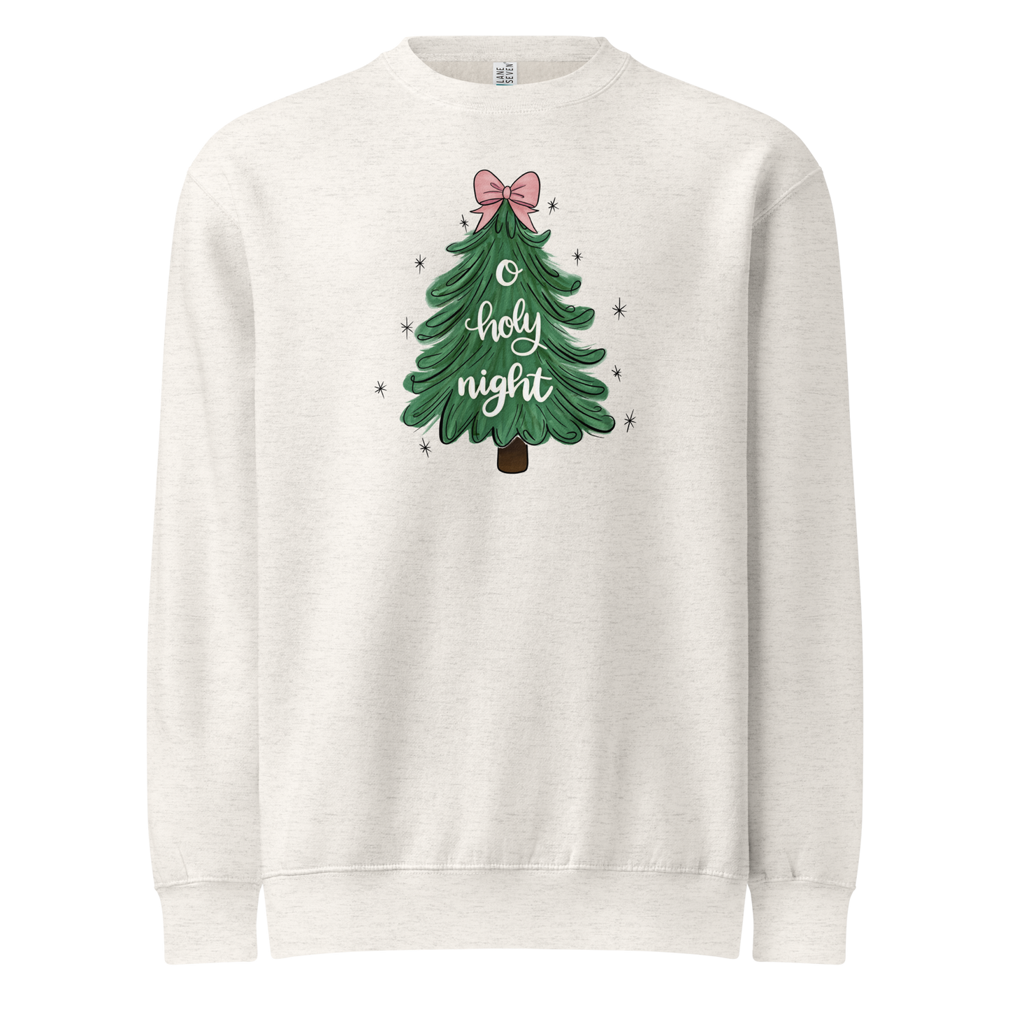 o holy night sweatshirt, sweatshirt, crewneck, women's sweatshirt, unisex crewneck,christian clothing brand, faith based fashion, beige sweatshirt, christmas tree, christmas, christmas clothing, pink bow, Lane Seven