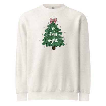 o holy night sweatshirt, sweatshirt, crewneck, women's sweatshirt, unisex crewneck,christian clothing brand, faith based fashion, beige sweatshirt, christmas tree, christmas, christmas clothing, pink bow, Lane Seven