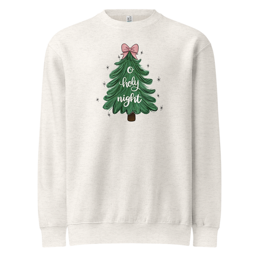 o holy night sweatshirt, sweatshirt, crewneck, women's sweatshirt, unisex crewneck,christian clothing brand, faith based fashion, beige sweatshirt, christmas tree, christmas, christmas clothing, pink bow, Lane Seven