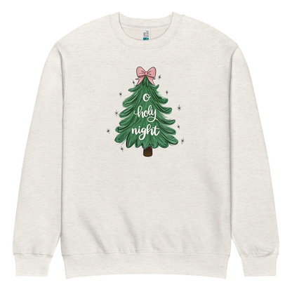 o holy night sweatshirt, sweatshirt, crewneck, women's sweatshirt, unisex crewneck,christian clothing brand, faith based fashion, beige sweatshirt, christmas tree, christmas, christmas clothing, pink bow, Lane Seven