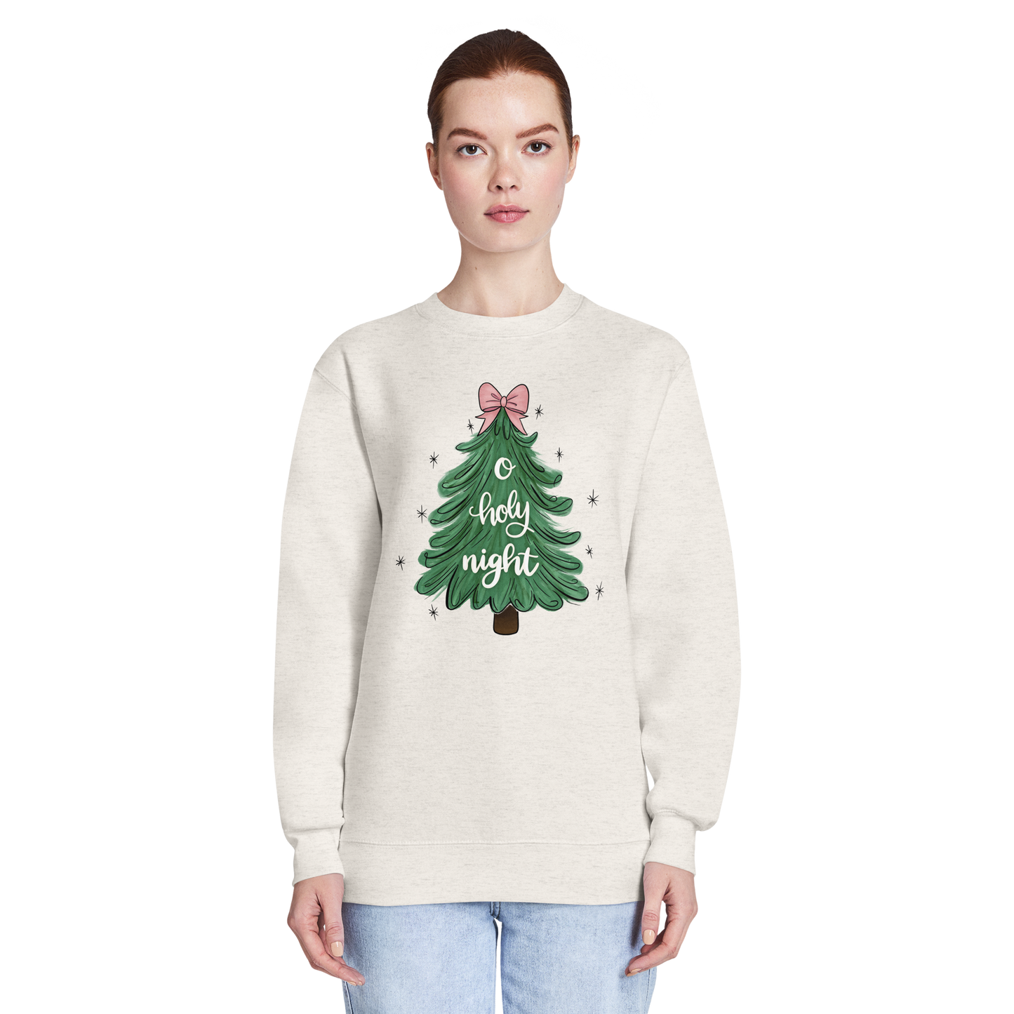 o holy night sweatshirt, sweatshirt, crewneck, women's sweatshirt, unisex crewneck,christian clothing brand, faith based fashion, beige sweatshirt, christmas tree, christmas, christmas clothing, pink bow, Lane Seven