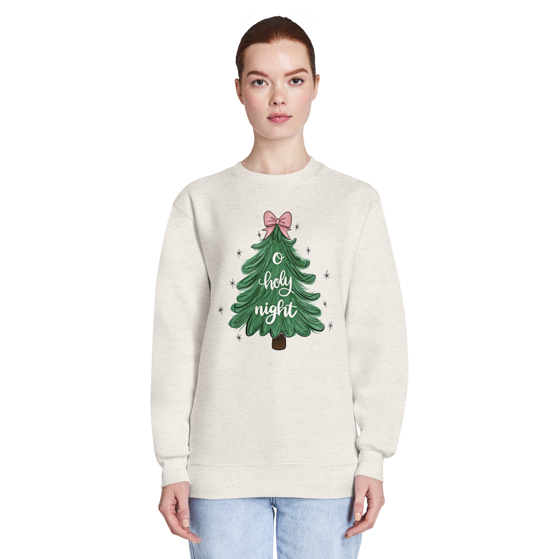 o holy night sweatshirt, sweatshirt, crewneck, women's sweatshirt, unisex crewneck,christian clothing brand, faith based fashion, beige sweatshirt, christmas tree, christmas, christmas clothing, pink bow, Lane Seven