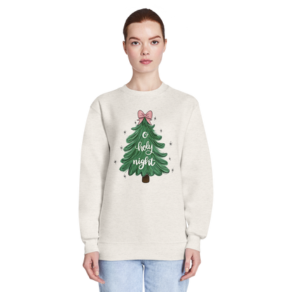 o holy night sweatshirt, sweatshirt, crewneck, women's sweatshirt, unisex crewneck,christian clothing brand, faith based fashion, beige sweatshirt, christmas tree, christmas, christmas clothing, pink bow, Lane Seven