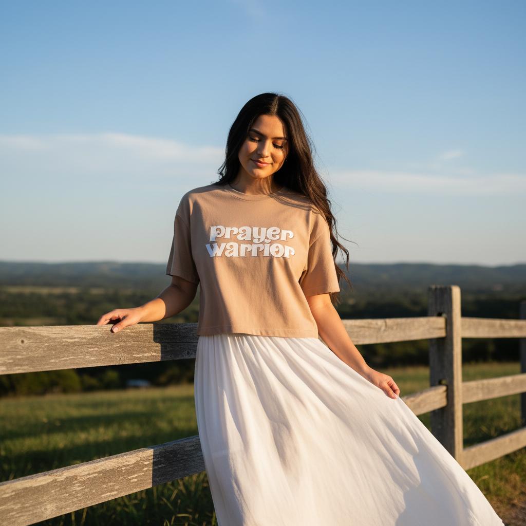 prayer warrior tshirt, tshirt, women's tshirt, christian clothing brand, faith based fashion, brown tshirt, comfort colors, outfit idea